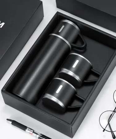 Abu Turab (أبو تراب) 500 ml insulated vacuum flask bottle with three interchangeable cups in a stylish gift box, random color options, leak‑proof design, perfect for travel and gifting.