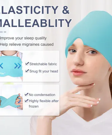 Headache and migraine relief cap with hot and cold therapy, one‑piece stretchable gel ice head wrap, imagecaption=One‑piece hot & cold therapy cap for migraine relief – available on Khareedo | Kharedo,