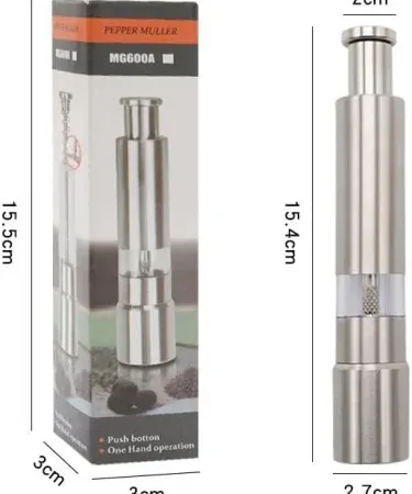 Silver Abu Turab stainless steel push‑button salt and pepper grinder with thumb‑operated button, compact 6‑inch design, high‑quality grinding core, detachable for easy cleaning , imagecaption=Abu Turab (أبو تراب) high‑quality stainless steel salt & pepper grinder – modern thumb design in sleek silver finish ,