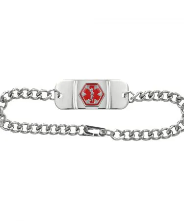 Stainless steel medical alert bracelet for heart patients with engraved identification card , imagecaption=Medical alert bracelet for heart patients – hypoallergenic stainless steel, includes wallet card – available on Khareedo & Kharedo ,