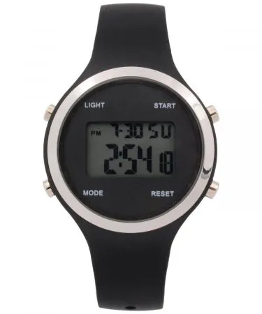 Unisex sleek digital watch with black silicone strap and silver trim LCD display, imagecaption=Black silicone strap digital watch with polished silver bezel and clear LCD screen,