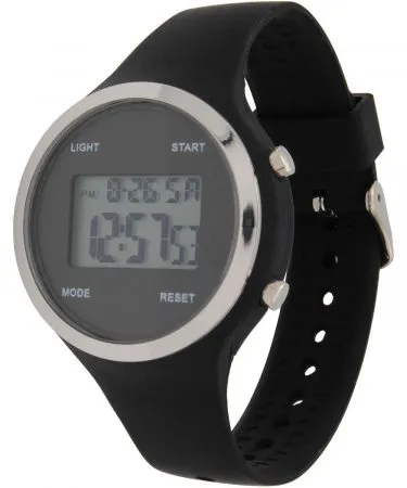 Unisex sleek digital watch with black silicone strap and silver trim LCD display, imagecaption=Black silicone strap digital watch with polished silver bezel and clear LCD screen,