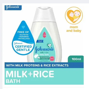 Johnson Milk + Rice Baby Bath 100ml bottle – gentle tear‑free baby wash for newborns and infants, imagecaption=Johnson Milk + Rice Baby Bath 100ml – Soft skin care for babies, available on Khareedo & Kharedo with Check on Delivery.
