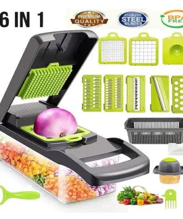 Abu Turab 16‑in‑1 vegetable chopper slicer with stainless steel blades and accessories displayed on a kitchen countertop, imagecaption=Abu Turab (أبو تراب) 16‑in‑1 Multi‑Function Vegetable Chopper Slicer – perfect for fast, precise cooking.
