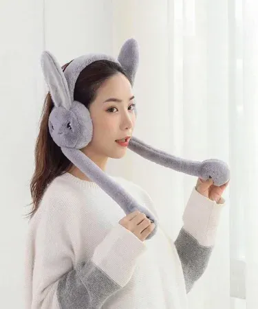 Soft fluffy rabbit ears headband with moving plush earmuffs in random color, imagecaption=Adorable moving rabbit ears headband – perfect for winter fun and cosplay,