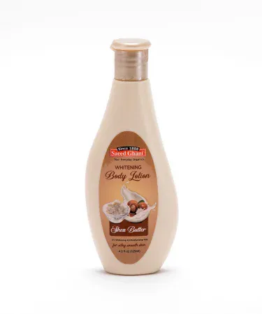 Whitening Shea Butter Body Lotion 125ml bottle with creamy texture and shea butter logo, perfect for skin brightening and deep moisturization