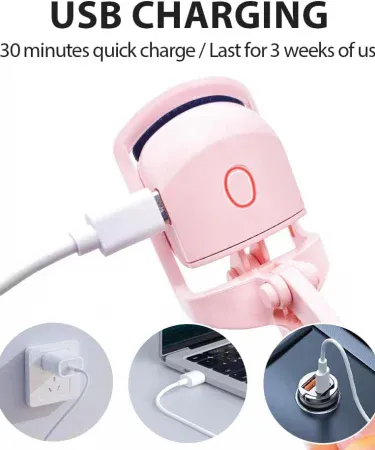 Long lasting rechargeable electric eyelash curler with USB fast charging and heated silicone pads, imagecaption=Khareedo’s portable USB rechargeable heated eyelash curler – perfect curls anytime, anywhere