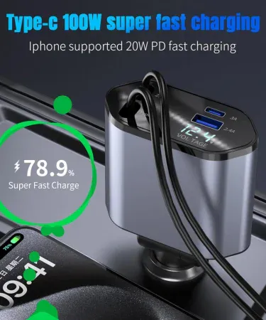 Abu Turab 120W 4‑in‑1 retractable car charger with dual USB, Type‑C and PD ports plugged into a car cigarette lighter adapter