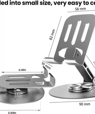 Abū Turāb all‑metal aluminum 360° rotating mobile phone holder with double‑shaft design on a desk, showing its foldable base and silicone anti‑slip pad, imagecaption=Abū Turāb (أبو تراب) universal metal phone stand – portable, stable, and 360° rotatable – available on Khareedo & Kharedo across Pakistan,