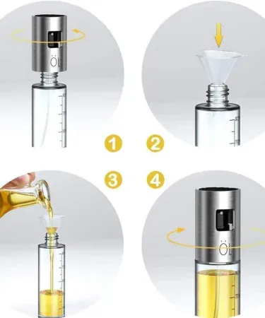 Abu Turab 100ml stainless steel and transparent glass oil spray bottle with continuous spray nozzle for cooking, kitchen use, healthy oil distribution
