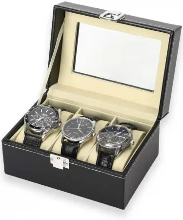 Abu Turab faux leather 3‑slot watch organizer with transparent glass top, black synthetic leather finish, displaying three watches and a bracelet holder