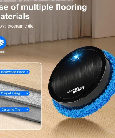 Abu Turab (أبو تراب) fully automatic cleaning robot on a tiled floor, imagecaption=Abu Turab cleaning robot – efficient vacuum, mop, and UV sanitization ,