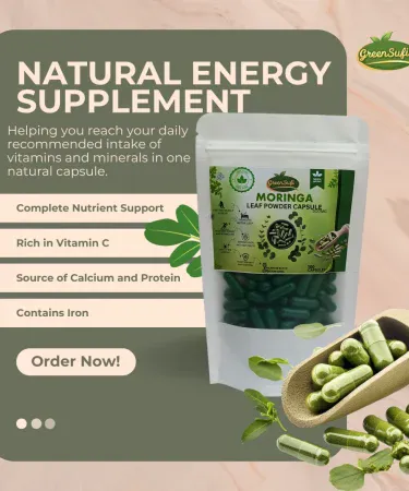 GreenSufi 100 Moringa Capsules 500mg in resealable zip‑lock pouch – organic herbal supplement for energy and immunity