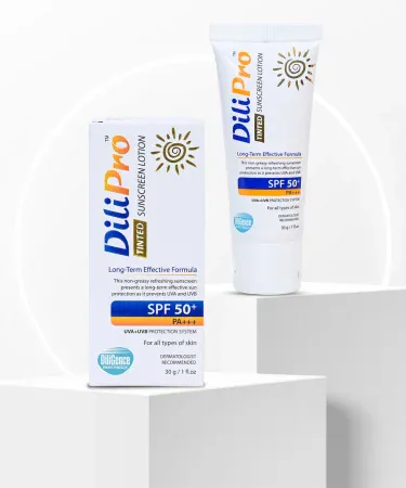 DiliPro Tinted Sunscreen Lotion SPF50+ – Diligence Health Care – lightweight, non‑greasy, tinted sunscreen for broad spectrum UV protection, imagecaption=DiliPro Tinted Sunscreen Lotion SPF50+ delivering even skin tone and high sun protection, suitable for daily use.