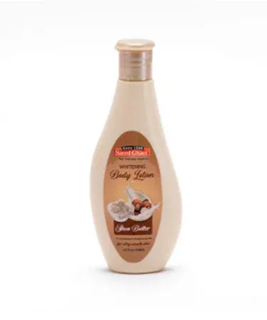 Whitening Shea Butter Body Lotion 125ml bottle with creamy texture and shea butter logo, perfect for skin brightening and deep moisturization