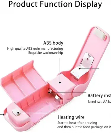 Abu Turab Mini Heat Bag Sealing Machine portable sealer in pink, compact design for food bag sealing , imagecaption=Abu Turab (أبو تراب) Mini Heat Bag Sealing Machine – compact, portable heat sealer for airtight food bag closure.