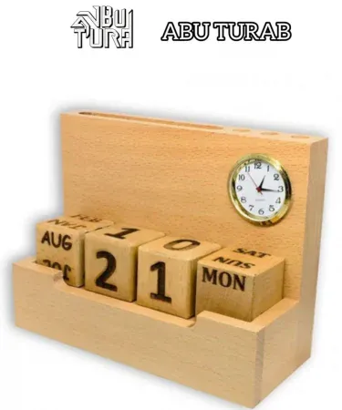 Abu Turab handcrafted wooden desk calendar with built‑in clock, pen holder, visiting‑card slot and mobile holder on an office table