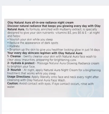 Olay Natural Aura Night All‑In‑One Radiance Cream with Mulberry Extract 50g tube , imagecaption=Olay Natural Aura Night Cream – 50g – Mulberry Extract – Available on Khareedo | Kharedo ,