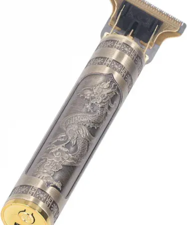 Abu Turab Vintage T9 USB rechargeable metal beard trimmer with T‑shaped zero‑gap blade, compact design, 4 guide combs, and washable stainless‑steel blades.