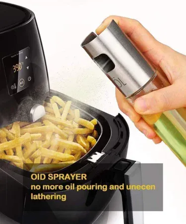 Abu Turab 100ml stainless steel and transparent glass oil spray bottle with continuous spray nozzle for cooking, kitchen use, healthy oil distribution