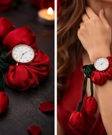 Rose Style Ladkan Scrunchie Watch for Her – modern pink scrunchie watch with heart‑shaped dial,