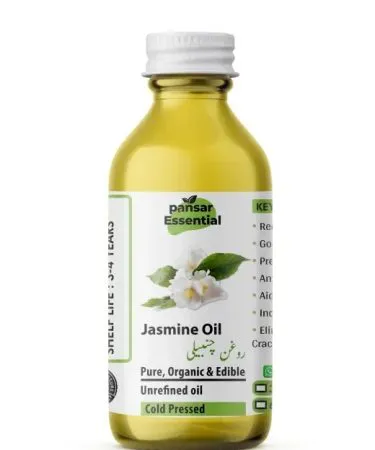 Pure organic Jasmine (Chambeli) oil bottle with a fresh jasmine flower background, imagecaption=100% pure organic Jasmine oil – luxurious, calming & perfect for skin, hair & aromatherapy.