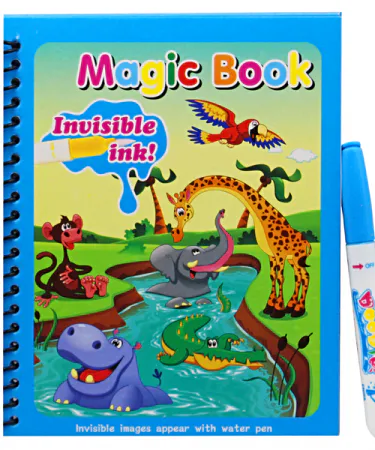 Magic Water Book – reusable invisible ink coloring book with water pen for kids, showing vibrant jungle animal designs appearing on the page, imagecaption=Kids enjoying mess‑free creative play with the Magic Water Book and Khareedo water pen.