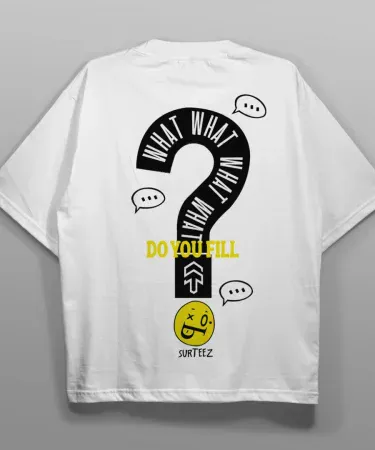 Oversize basic “What” T‑Shirt with vibrant DTF print, round neck, drop‑shoulder fit, unisex jersey cotton fabric