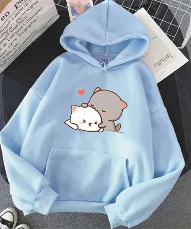 Cute anime printed winter hoodie for girls – purple panda, blue cat, and pink music girl designs