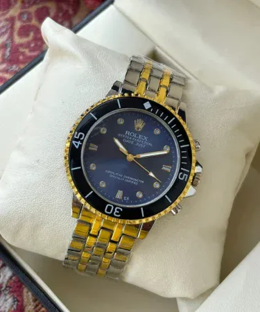 Men's chain watch with two‑tone gold and silver bracelet, black dial, golden markers and black bezel – stylish luxury timepiece for men