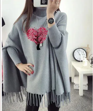 woman‑polyester‑heart‑printed‑ponchu‑cape‑shawl‑black‑fringe‑poncho‑with‑high‑neckline