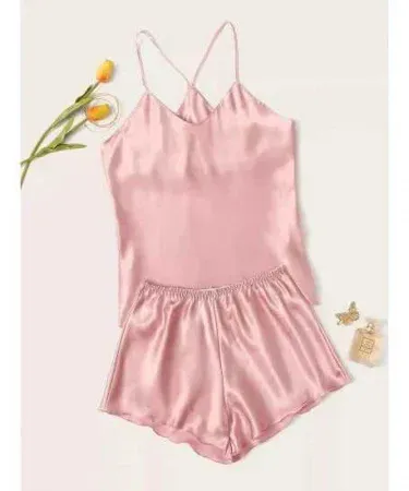 Pink satin women night suit set with silk camisole top and elastic‑waist shorts, soft and luxurious sleepwear