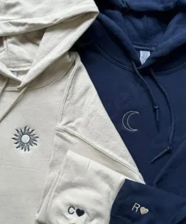 Unisex printed couple hoodies featuring minimalist Sun & Moon, Puzzle Heart, Spider Web, Flame & Lighter, Key & Lock, and Zodiac & Date designs – perfect for couples and friends,