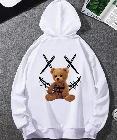 Bear printed unisex hoodie with stylish bear graphic on soft fabric, perfect for men and women