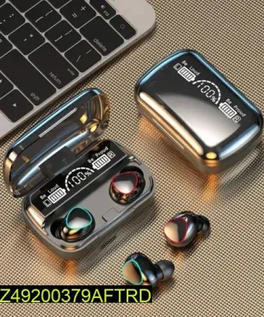 M10 Digital Display Case Air Buds true wireless earbuds with LED charging case, imagecaption=Black M10 Digital Display Case Air Buds – sleek true wireless earbuds with digital battery display,