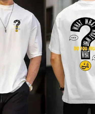 Oversize basic “What” T‑Shirt with vibrant DTF print, round neck, drop‑shoulder fit, unisex jersey cotton fabric