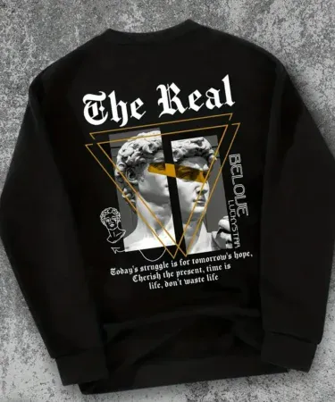 Black and white printed unisex sweatshirt for men and women – soft fabric, relaxed fit, perfect for casual and workout wear.