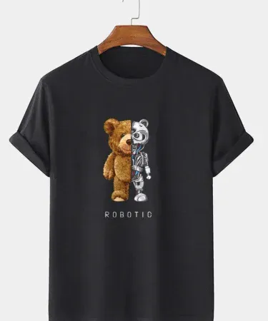Men Bear & Letter Graphic Tee – round‑neck streetwear t‑shirt with bear and letter print,