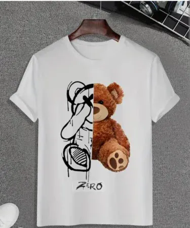 Men Bear & Letter Graphic Tee – round‑neck streetwear t‑shirt with bear and letter print,