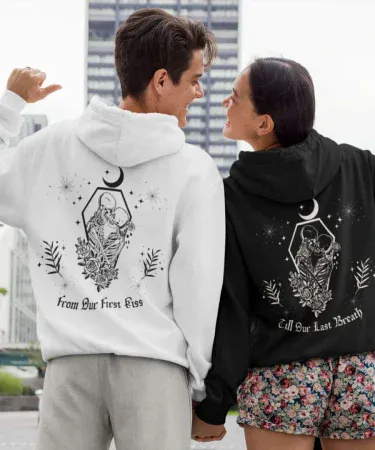 Couple hoodie with cute matching design for couples, soft unisex fabric, perfect for casual wear