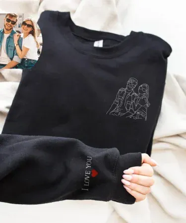 Custom Couple Line Art Sweatshirt for girls and boys with personalized photo illustration and “I LOVE YOU” heart on sleeve