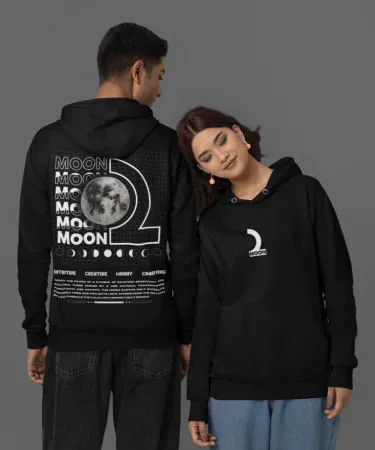 Moon Born Oversized Hoodie with custom moon print, soft cotton blend, front view
