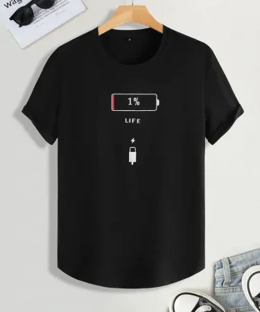 Running on Low Battery T‑Shirt with battery icon graphic, soft casual cotton tee for men and women