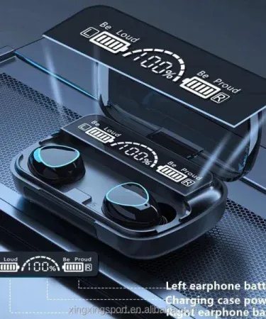 M10 Digital Display Case Air Buds true wireless earbuds with LED charging case, imagecaption=Black M10 Digital Display Case Air Buds – sleek true wireless earbuds with digital battery display,