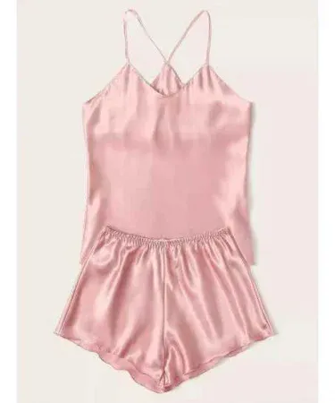 Pink satin women night suit set with silk camisole top and elastic‑waist shorts, soft and luxurious sleepwear