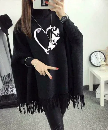 Women’s black polyester ponchu cape shawl with heart and butterfly print, high neckline, and fringe detailing – perfect for stylish layering.