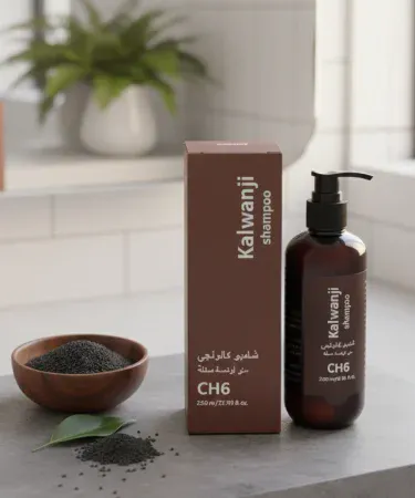 Organic Kalwanji Shampoo CH6 Herbal Black Seed Hair Cleanser 250ML bottle with natural ingredients, imagecaption=Organic Kalwanji Shampoo CH6 – Herbal Black Seed Hair Cleanser 250ML, sold on Khareedo | Kharedo.