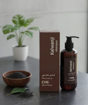 Organic Kalwanji Shampoo CH6 Herbal Black Seed Hair Cleanser 250ML bottle with natural ingredients, imagecaption=Organic Kalwanji Shampoo CH6 – Herbal Black Seed Hair Cleanser 250ML, sold on Khareedo | Kharedo.