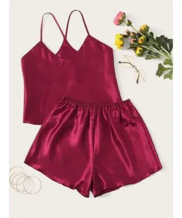 Women satin nightwear pajama set with luxury silk camisole top and elastic‑waist shorts, soft lightweight breathable sleepwear