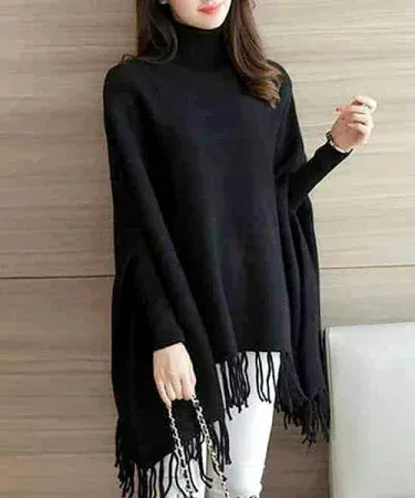 Women’s black polyester poncho cape shawl with heart and butterfly print, high neckline and fringed edges